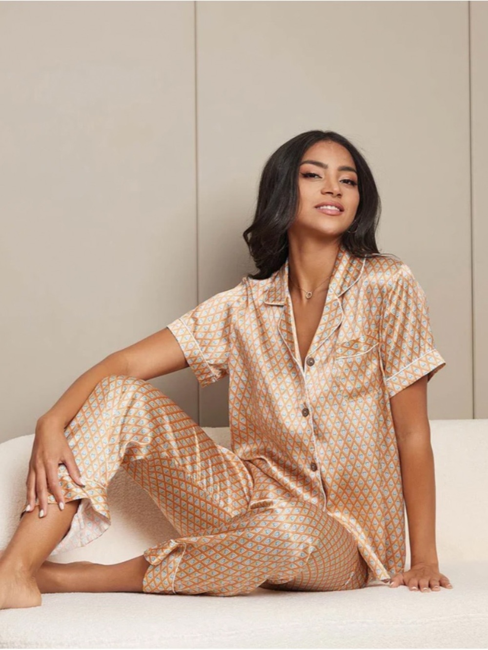 Silk Silky Orange, Blue & White Heart Geometric -Print Pajama Set